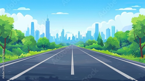 Cartoon highway. Empty road with city skyline on horizon and nature landscape  highway view