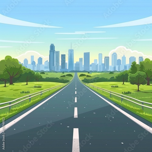 Cartoon highway. Empty road with city skyline on horizon and nature landscape  highway view