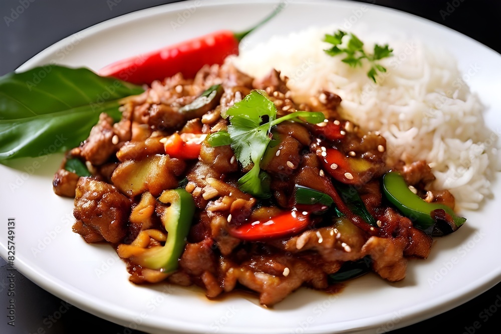 Stir-fried minced pork with onion, pepper and steamed rice (Thai food) Stir-fried minced pork with onion, pepper and steamed rice (Thai food)