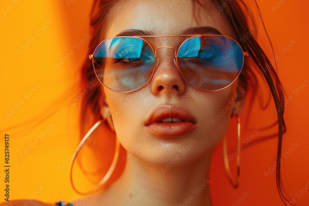 Young beautiful woman portrait wearing a hat and sunglasses on color background, summer vacation concept Young beautiful woman portrait wearing a hat and sunglasses on color background, summer vacation concept