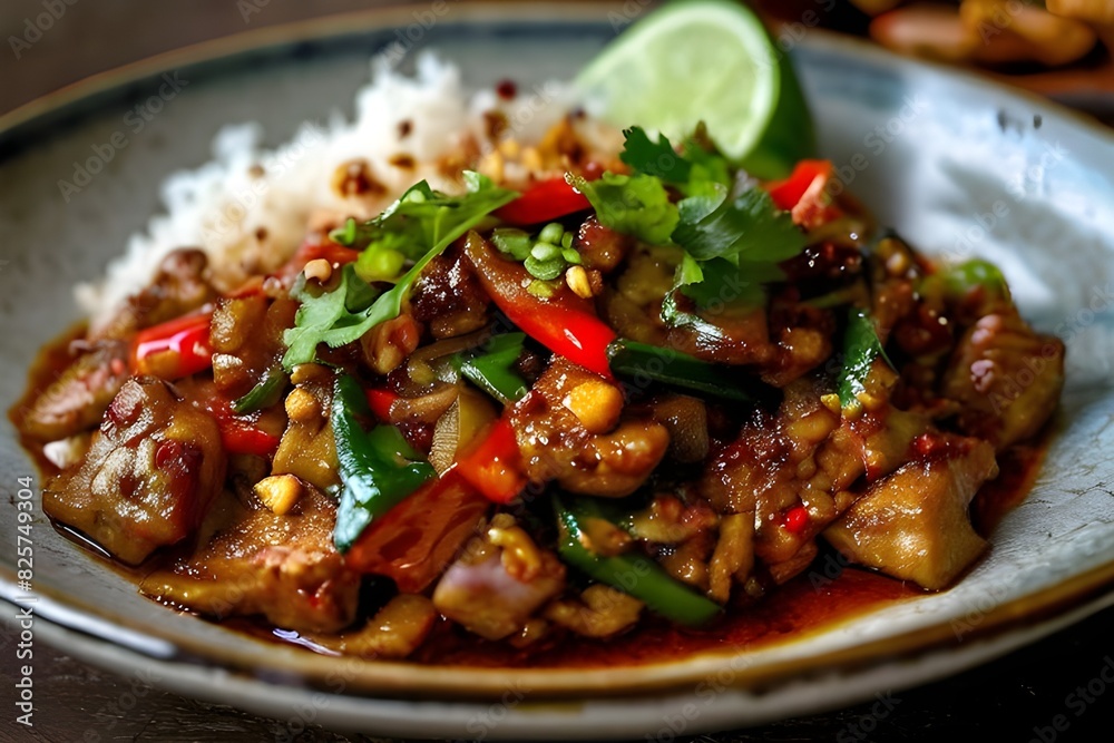 Stir-fried minced pork with onion, pepper and steamed rice (Thai food) Stir-fried minced pork with onion, pepper and steamed rice (Thai food)