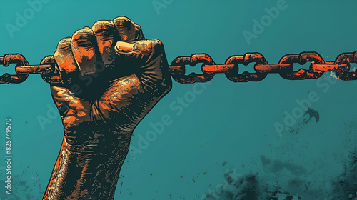 Hands breaking chain shackles in vintage woodcut revolution propaganda poster style, concept for freedom, Generative AI