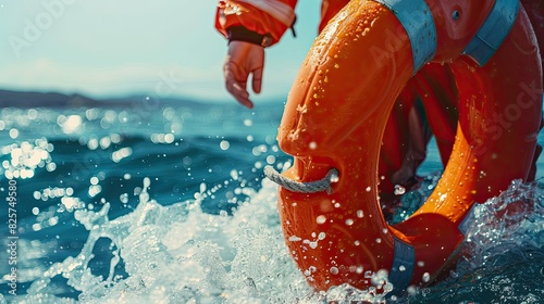 close up a lifeguard holding a rescue buoy while scanning the water. Help a drowning person photo