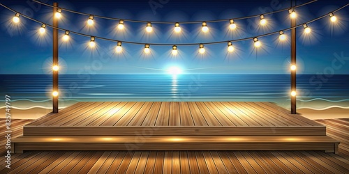 Illuminated wooden stage by the sea under string lights.