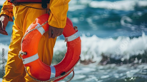 close up a lifeguard holding a rescue buoy while scanning the water. Help a drowning person