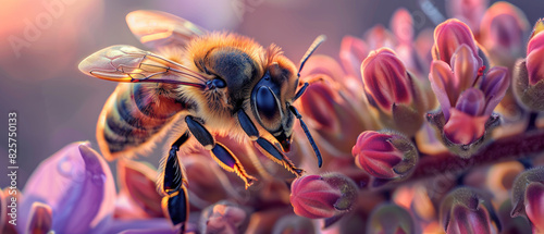 A close-up of a bee on vividly colored spring flowers. Generate AI