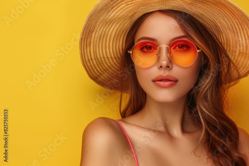 Young beautiful woman portrait wearing a hat and sunglasses on color background, summer vacation concept