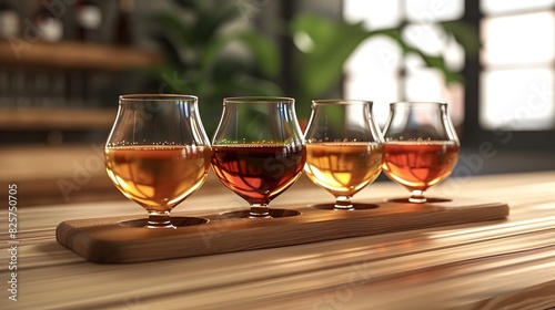 Craft Beer Tasting Flight with Amber and Golden Hued Tulip Shaped Glasses on Minimalist Wooden Paddle Holder photo