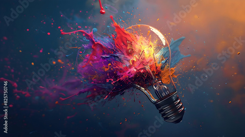 Deconstructed Light Bulb Dispersing Vibrant Array of Color Splashes and Brushstrokes in Contemporary Abstract Expressionist Rendering photo
