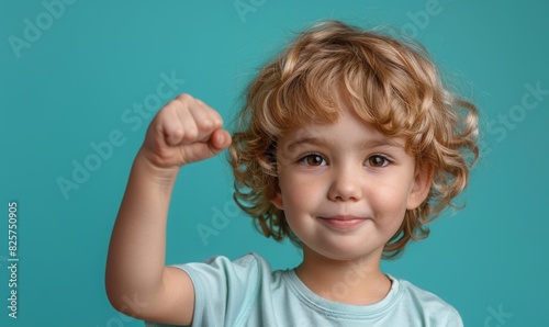 Kid fist upward on blue background. american child raise hand.