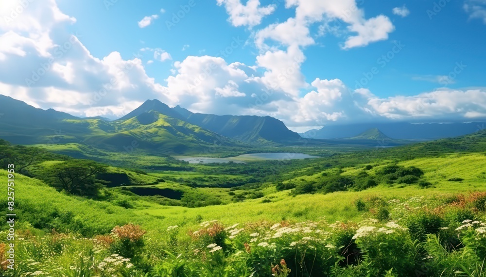 Fototapeta premium A stunning spring day landscaping views of fertile land surrounded beautiful green vegetation, wide stretches of hills and mountains with clear skies in spring