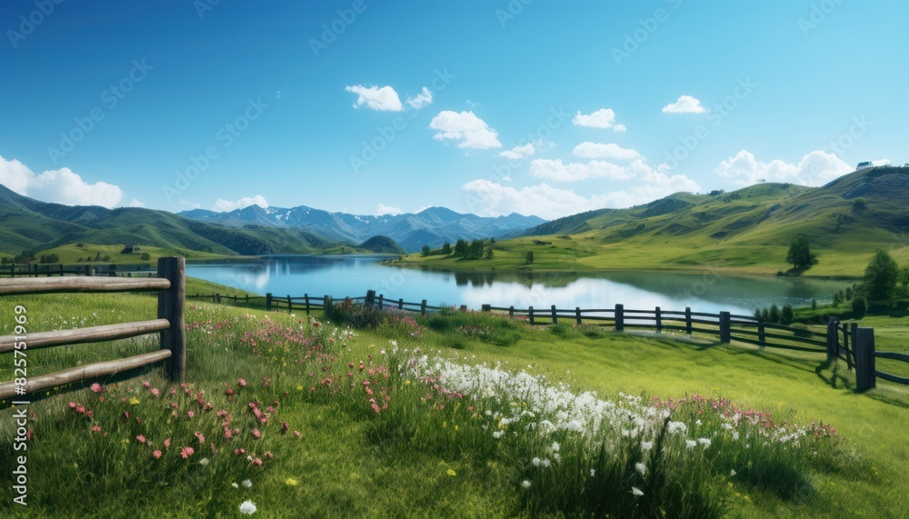 A stunning spring day landscaping views of fertile land surrounded beautiful green vegetation, wide stretches of hills and mountains with clear skies in spring