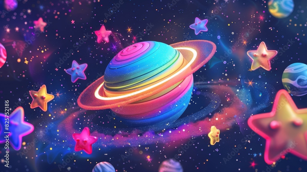 Planet with glowing rainbow rings, happy astronauts, smiling stars, playful space background, vibrant and fun