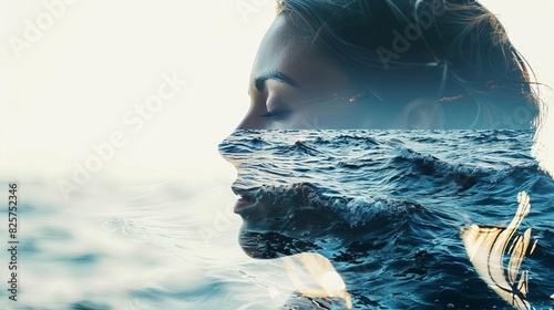deep breathing close up, focus on, copy space calm soothing shades, double exposure silhouette with ocean photo