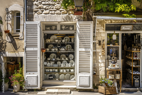 Charming French Shop Display of Vintage Tableware.