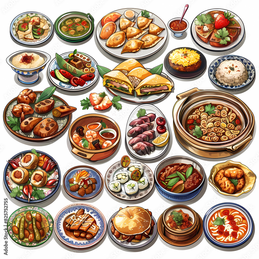 A Feast of Flavors with Variety of Global Cuisines : Graphic background for decorating works, mobile screens, or as a background image.