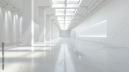 Modern empty gallery with white walls  sleek design  isolated background  optimal studio lighting  perfect for product showcases