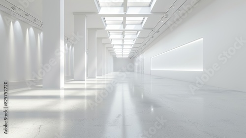 Modern empty gallery with white walls, sleek design, isolated background, optimal studio lighting, perfect for product showcases