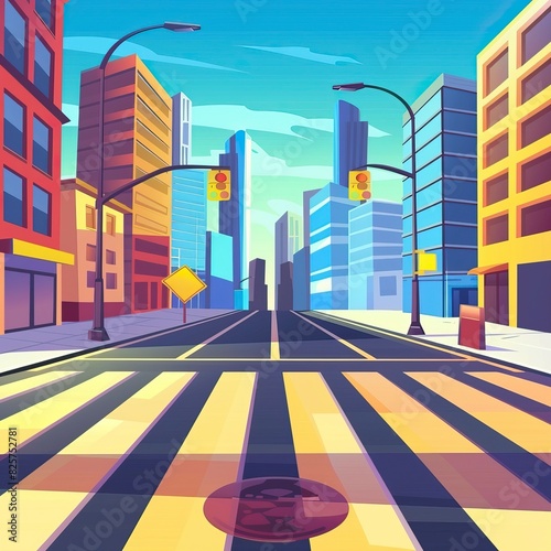 Cartoon crosswalk. City streets intersections with no automobile traffic and pedestrians  urban landscape with crosswalk. Vector illustration