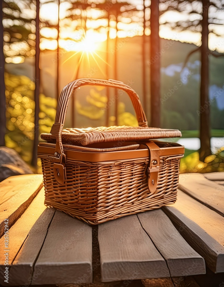 picnic basket in the a dark wooden table a wicker basket packed for a camping trip bathed in the golden rays of a sunny holiday afternoon