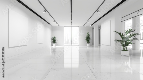 Minimalist white gallery interior  large blank walls  even studio lighting  ideal for advertising displays