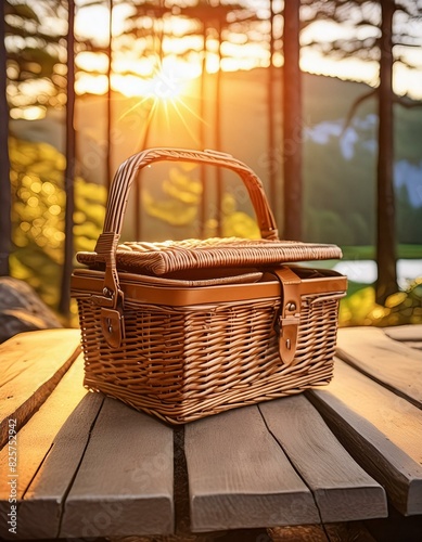 Obraz na płótnie picnic basket in the a dark wooden table a wicker basket packed for a camping trip bathed in the golden rays of a sunny holiday afternoon w salonie