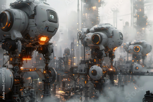 Highly Detailed Futuristic Robots Operating in an Advanced Cinematic Factory with Dramatic Lighting and Moody Atmosphere