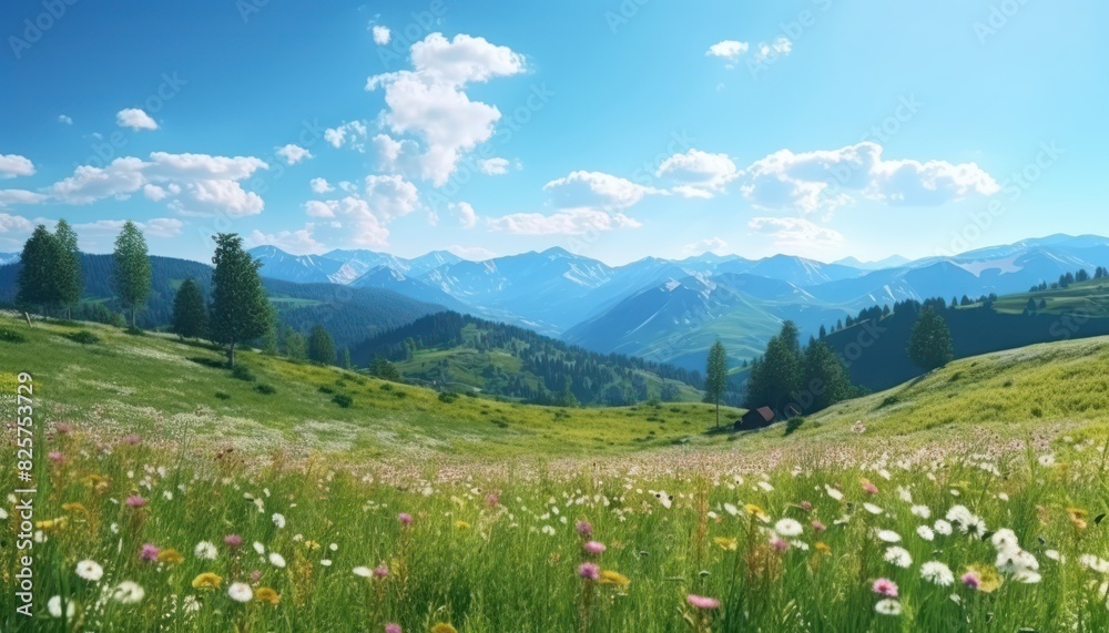 Fototapeta premium A stunning spring day landscaping views of fertile land surrounded beautiful green vegetation, wide stretches of hills and mountains with clear skies in spring