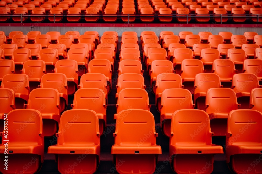 Naklejka premium Seats of orange tribune on sport stadium. empty outdoor arena. concept of fans. chairs for audience