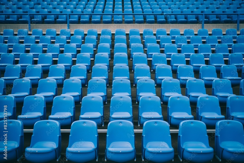 Fototapeta premium Seats of blue tribune on sport stadium. empty outdoor arena. concept of fans. chairs for audience