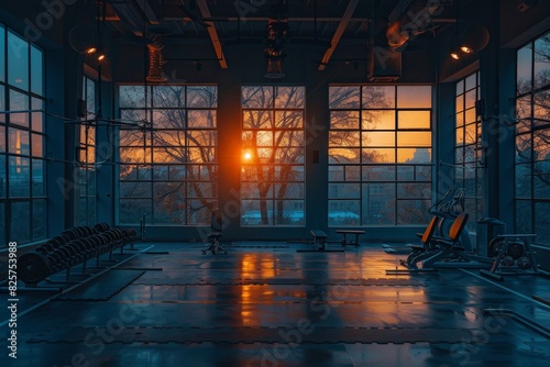 Workout equipments in Modern Gym with views of sunrise from Large Glass Windows photo