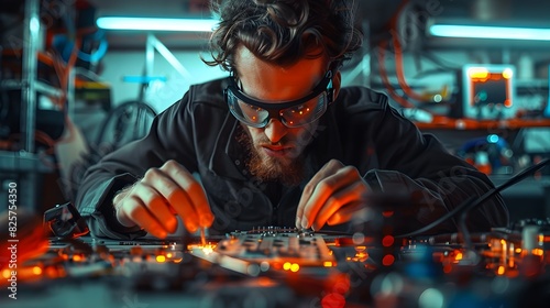 Pioneering Inventor Tinkering with Futuristic Prototype in High-Tech Garage