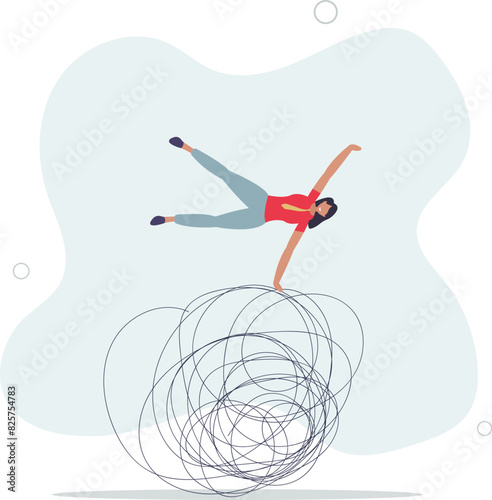 smart superpower businesswoman jump pass trouble metaphor of business crisis.flat vector illustration.