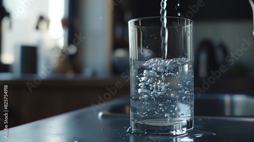 Water being poured into a glass in a minimalistic modern house. The design features a clean and contemporary aesthetic with an emphasis on simplicity. 