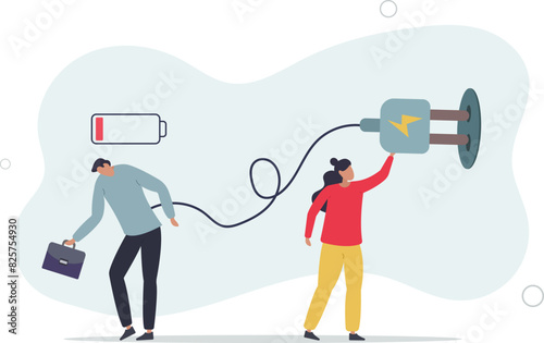 businesswoman manager holding huge electric plug to recharge low battery exhausted businessman worker.flat vector illustration.