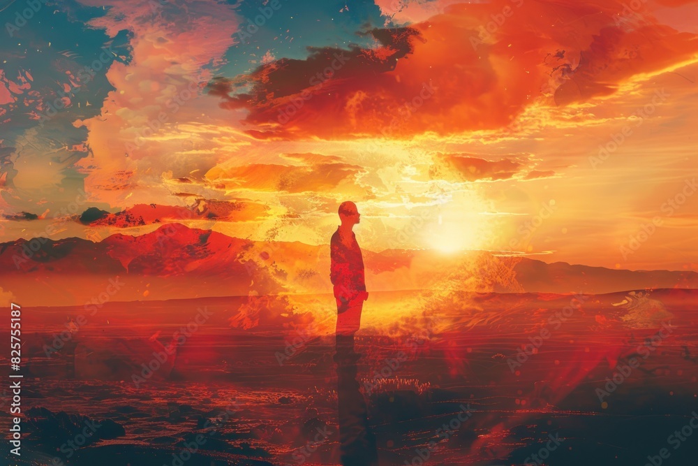 A man stands in the desert at sunset, looking out at the horizon