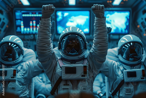 Triumphant Space Engineers Celebrate Successful Rocket Launch in Control Room