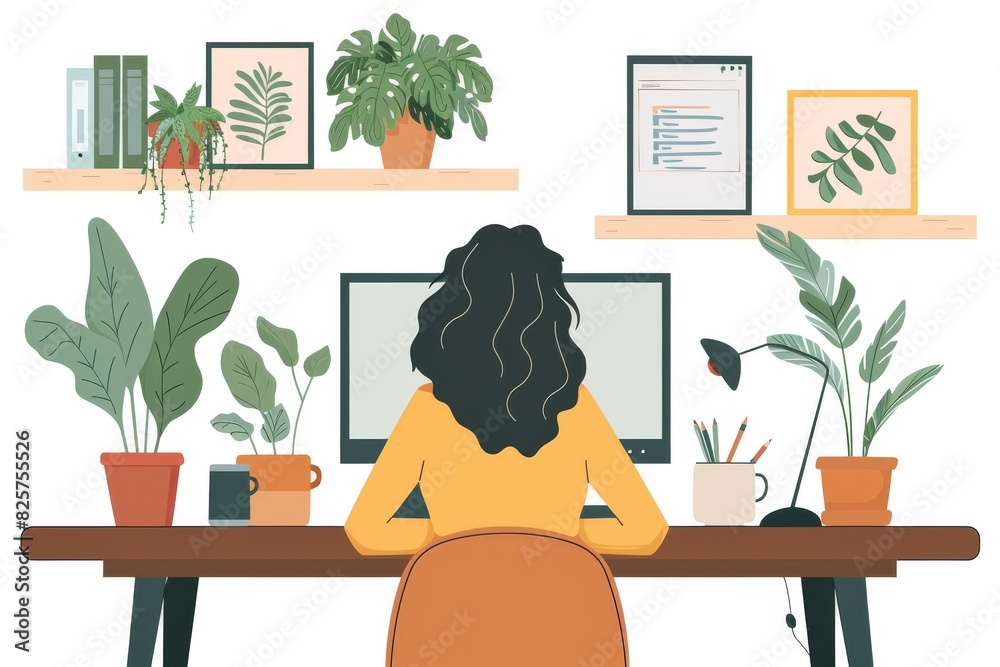 Fototapeta premium A woman sits at a desk with a computer and a potted plant in front of her