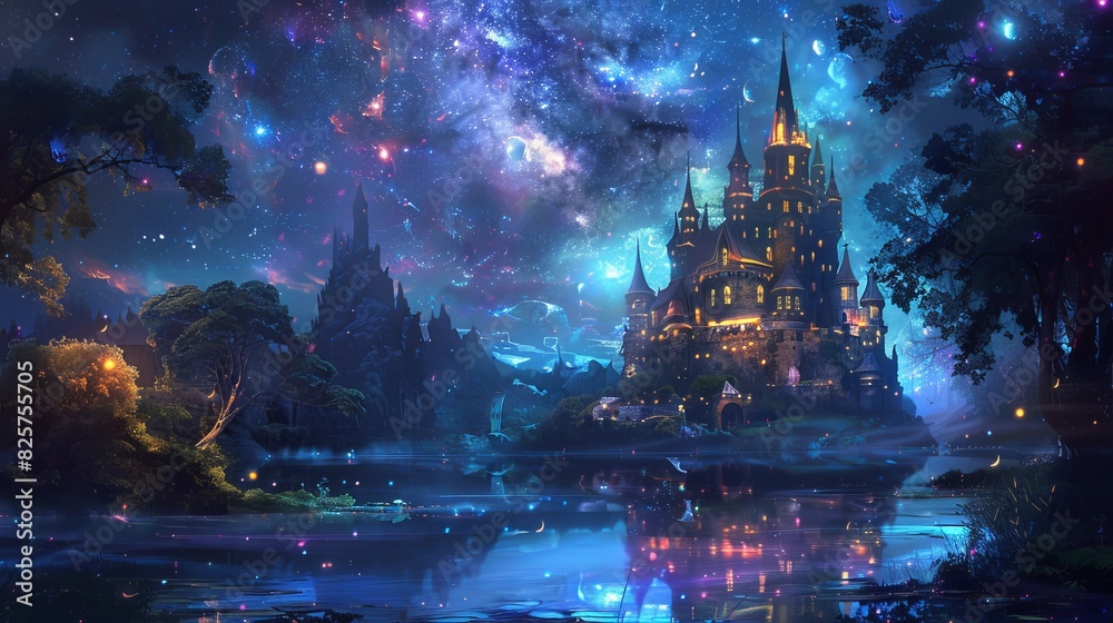 Magical night, fairytale castle bathed in moonlight, sparkling stars above, glowing forest creatures, serene lake reflecting the scene, mystical and enchanting