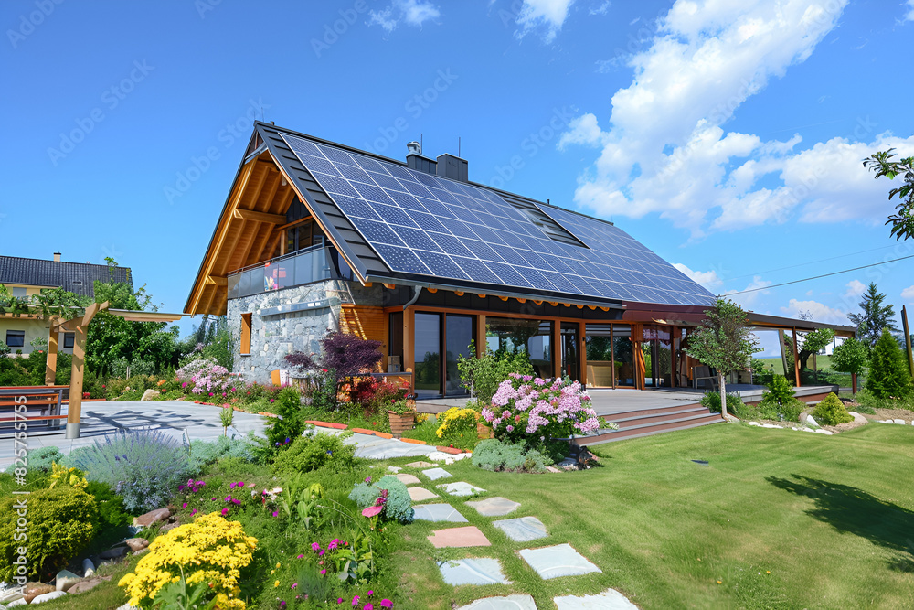 New suburban house with a photovoltaic system on the roof. Modern eco ...