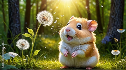 Adorable Hamster Blowing Dandelion Seeds: A Cute Springtime Photo photo