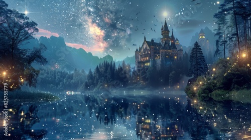 Magical night, fairytale castle bathed in moonlight, sparkling stars above, glowing forest creatures, serene lake reflecting the scene, mystical and enchanting