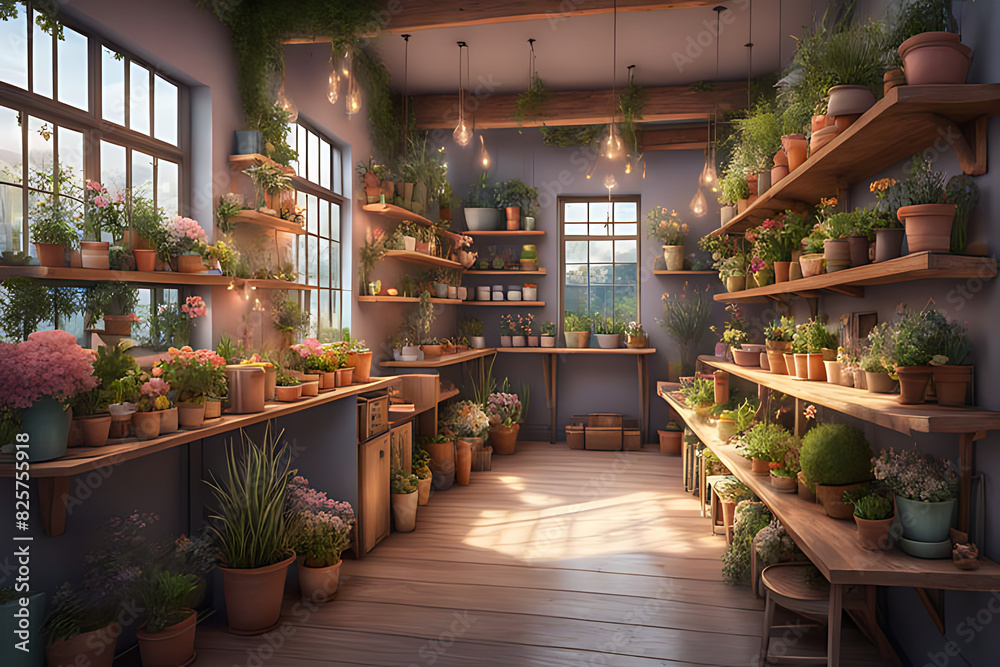 A florist full of fresh flowers from a pastel planter, surrounded by plants and potted greens on a shelf, ai A florist full of fresh flowers from a pastel planter, surrounded by plants and potted greens on a shelf, ai