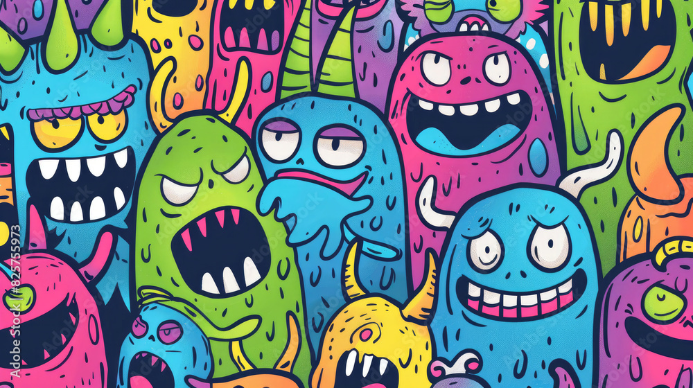 Whimsical Monster Doodle Pattern with Colorful Smiling Characters Whimsical Monster Doodle Pattern with Colorful Smiling Characters