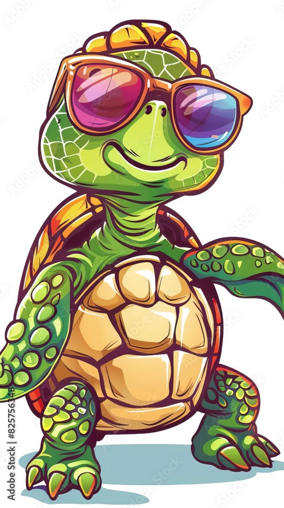 Fototapeta premium Cartoon colorful turtle with sunglasses on white background
