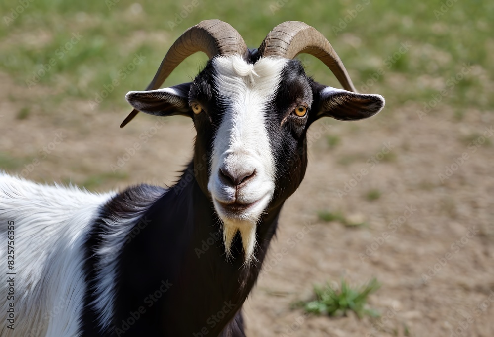 there is a goat with large horns standing in a field there is a goat with large horns standing in a field