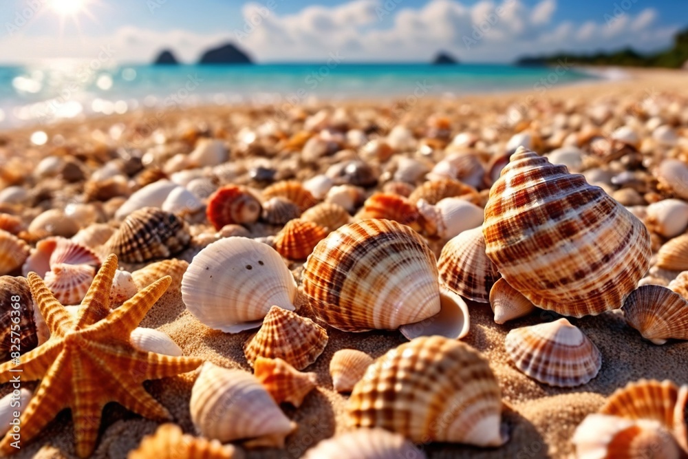 Summer tropical beach vacation concept with seashells, wallpaper background backdrop