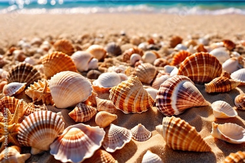 Summer tropical beach vacation concept with seashells  wallpaper background backdrop