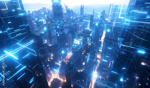 3D rendering of the cityscape illuminated by glowing digital connections, representing advanced technology and smart urbanism in an overthetop style. The background is a dark blue sky with neon light 