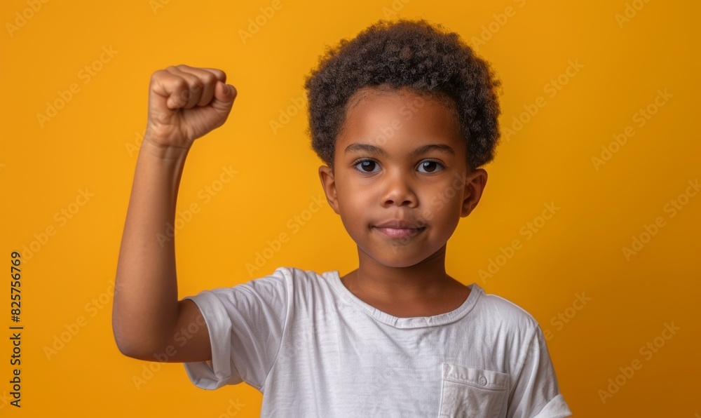 Kid fist upward on yellow background. african american black afro child raise hand. Kid fist upward on yellow background. african american black afro child raise hand.